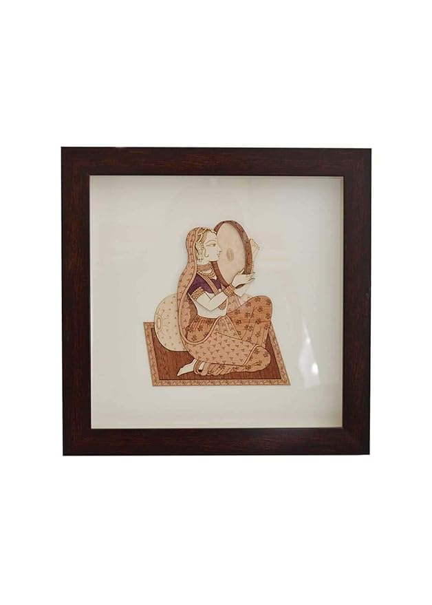 Wooden Art Work Indian Women With Dafali Frame Wall Decor 8 x 8 Inch Craft Detail