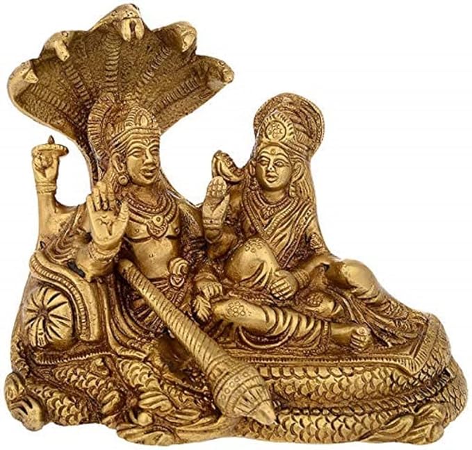 Brass Bhagwan Vishnu Lakshmi with On Sheshnag Statue (Height: 6 Inches)