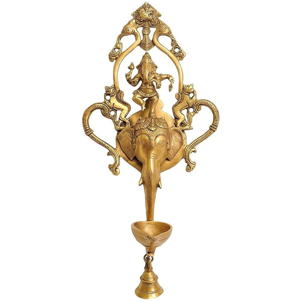 Brass Dancing Ganesha Wall Hanging Lamp with Bell and Kirtimukha, Height: 16.5" Mandir Setting
