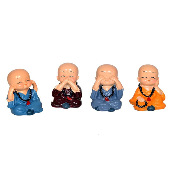 Resin Buddha Monk Set of 4 Statue Smilling Little Buddha Monk Figurines Showpiece Buddha Idol Statue for Table Decor Living Room Home Car Dashboard (Height: 2 Inch) Entryway Setting