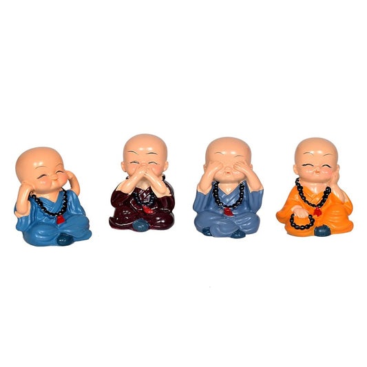Resin Buddha Monk Set of 4 Statue Smilling Little Buddha Monk Figurines Showpiece Buddha Idol Statue for Table Decor Living Room Home Car Dashboard (Height: 2 Inch)
