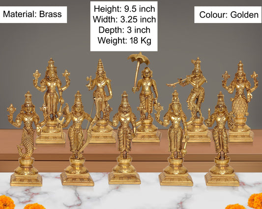 Brass Dasavatharam of Lord Vishnu Statues Ten Incarnations Avatars Murti (Hight: 9.5 Inches)