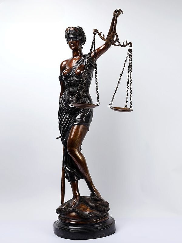 Brass Colossal Justice Lady with Scale and Sword in Hands statue (Height: 46 Inches) Entryway Setting
