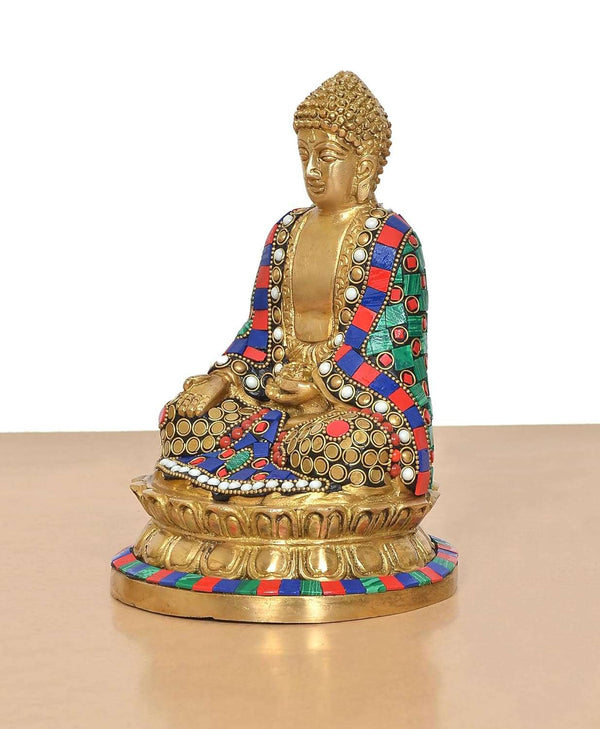 Brass Buddha in Dhyan Mudra (Height 8 Inch) (Multicolour) Study Setting