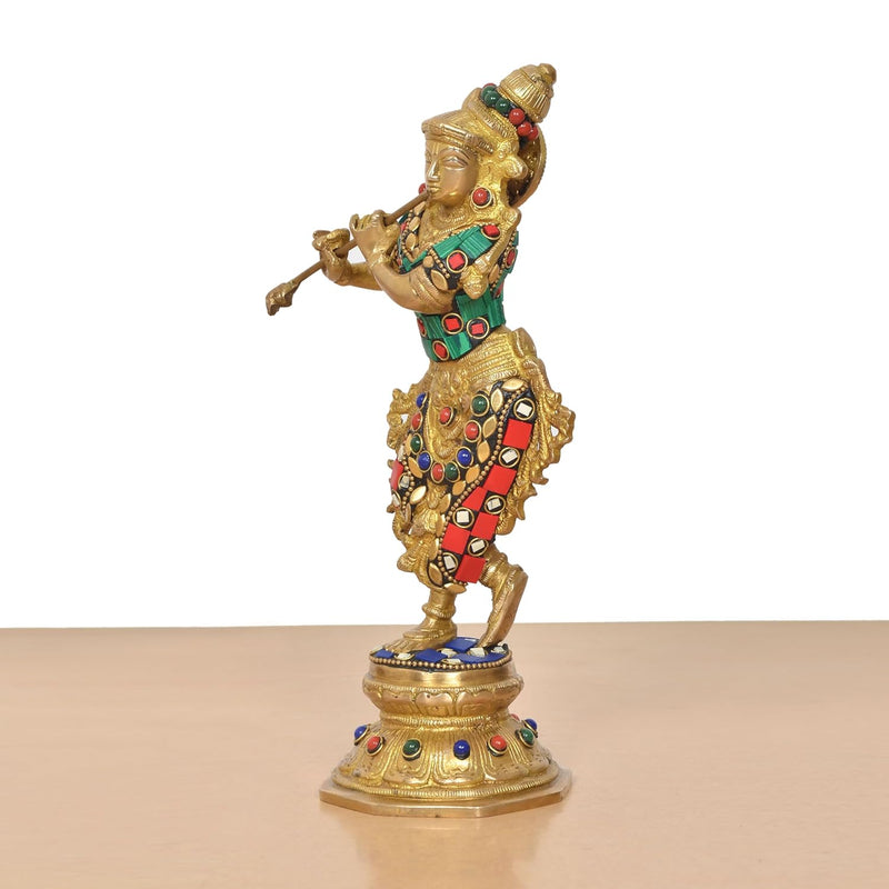 Brass Krishna with Flute Statue (Height 9.5 Inch)