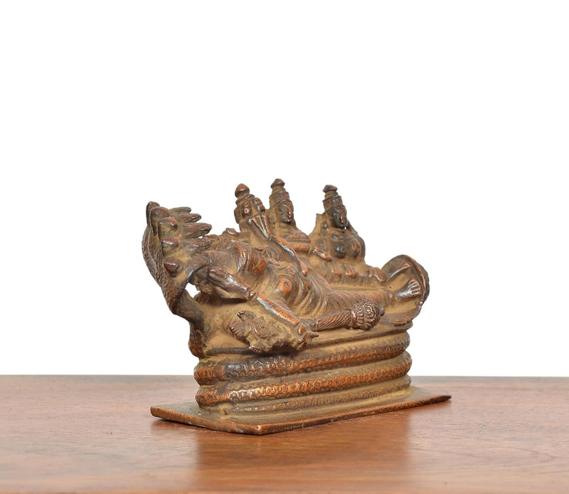 Copper Sheshashayi Vishnu with Lakshmi ji and Bhudevi Idol (Height 2.5 Inch)