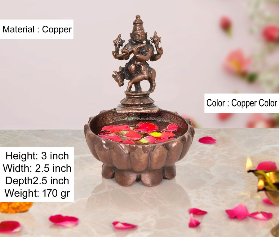 Copper Krishna Urli Bowl for Floating Flowers Showpiece (Height:3 Inch) Craft Detail