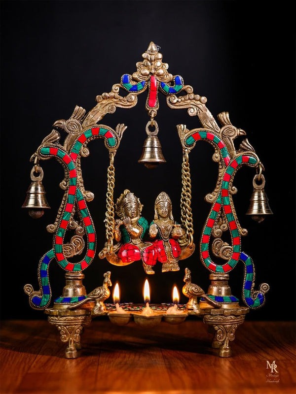 Radha Krishna Statue on Swing with Diya (Height : 36 Cm) Mandir Setting