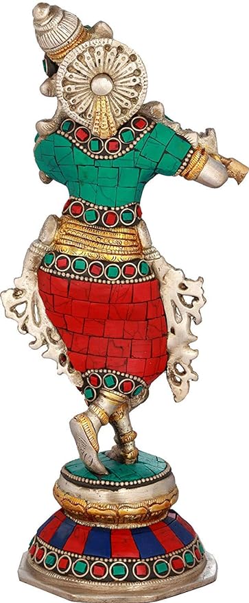 Brass Krishna Hindu God Statue (Height: 9.4 inches) Study Setting