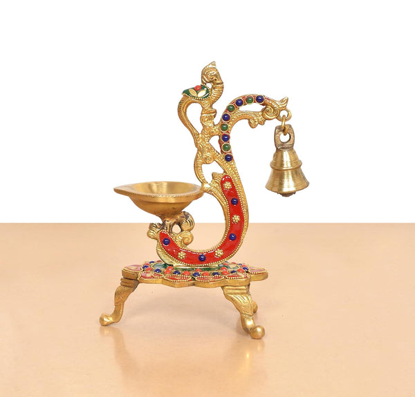 Brass Peacock Diya with Hanging Bell Traditional Oil Lamp (Height: 8 Inch) Study Setting
