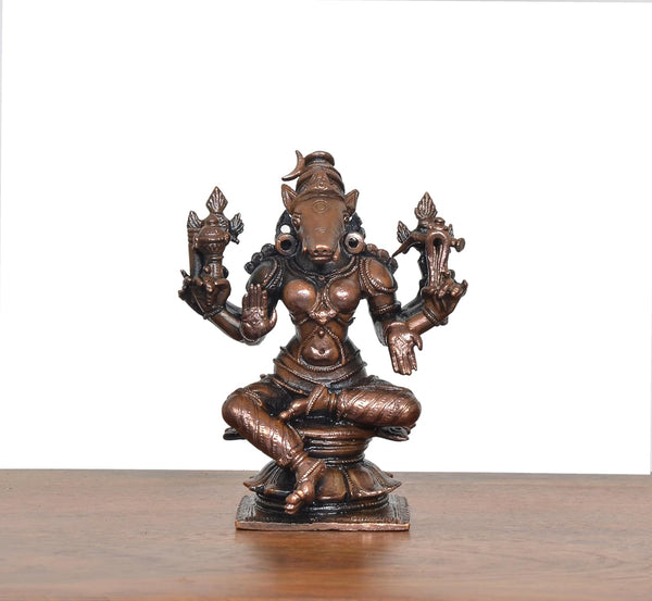 Copper Goddess Varahi Figurine Eight Armed (Height 4 Inch) Study Setting