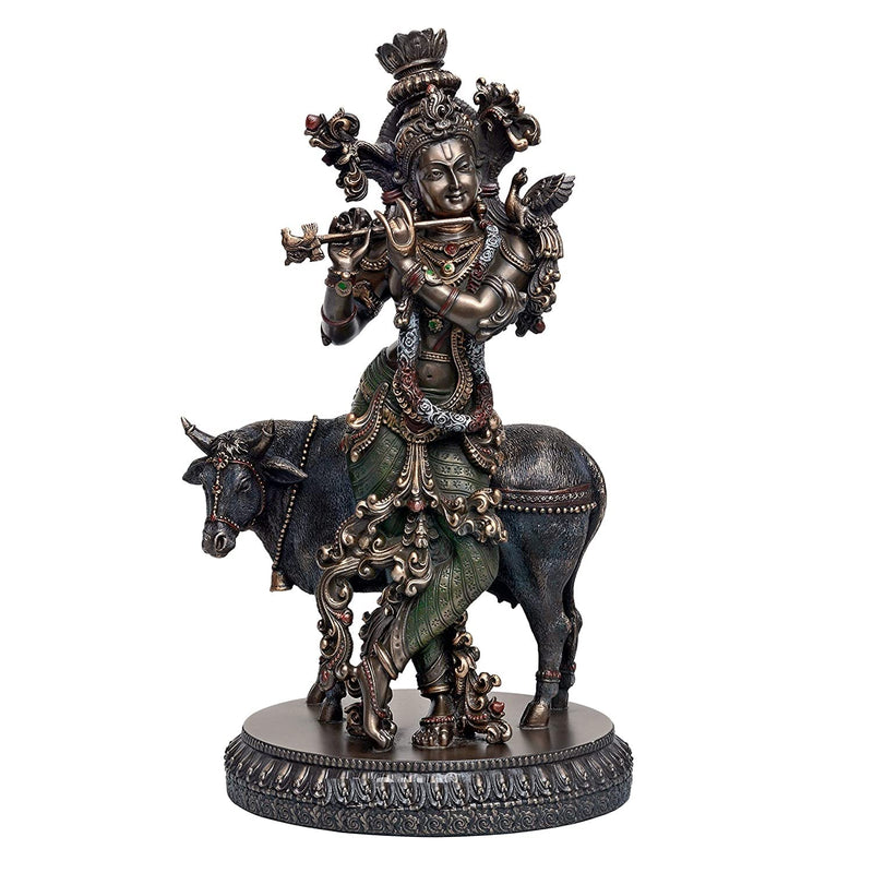 Resin Lord Krishna with Cow Statue (Height 11 Inches)