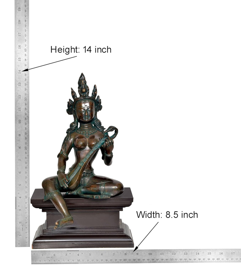 Brass Maa Goddess Saraswati Seated on Wooden PedestalI dol for Home Decor and Pooja (Height 14 Inch)