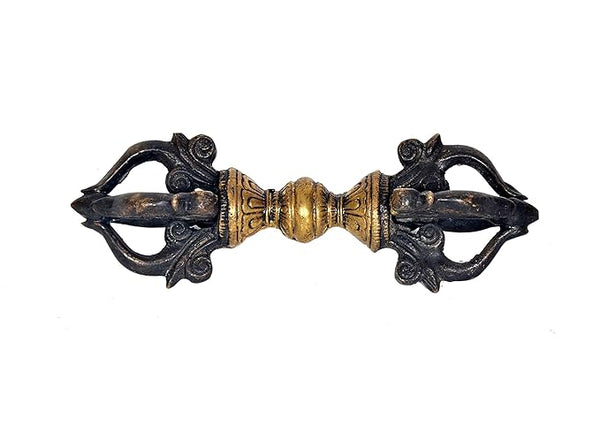 Brass Tibetan Buddhist Five Pronged Dorje (Length: 15 cm) Study Setting