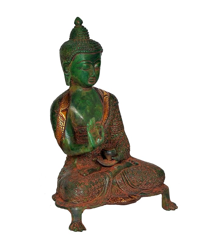 Brass Buddha Sculpture (Green) (Height 9 Inches)