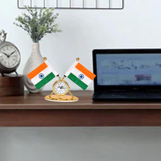 Metal Indian Flag With Watch for Car Dashboard (Height: 3.5 inch)