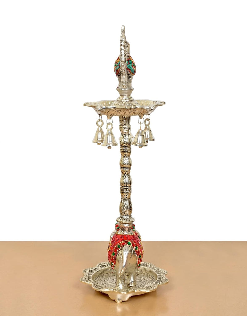 Metal Silver Peacock Oil Lamp Diya Stand (Height: 19 Inch)