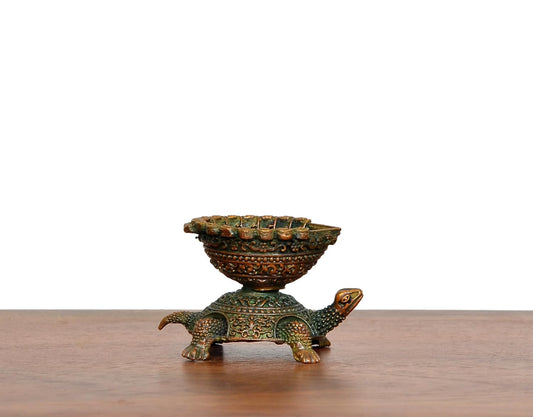 Superfine Brass Tortoise with Oil Lamp Diya Statue (Height: 3 CM)
