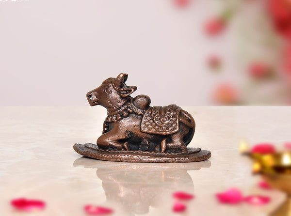 Copper Nandi Cow Statue Idol Murti On Base Decorative Item for Home | Height : 1 Inch Mandir Setting