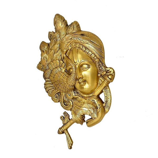 Brass Krishna Statue Idol Playing Flute Wall Hanging for Temple Home Decor Diwali | Height : 12.5 Inch (Golden) Study Setting