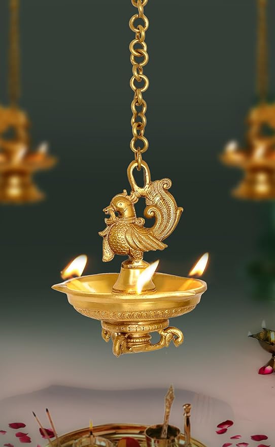 Brass Hanging Peacock Diya Deepak deepam Oil Diya Lamp for Diwali Pooja 22 inch Mandir Setting