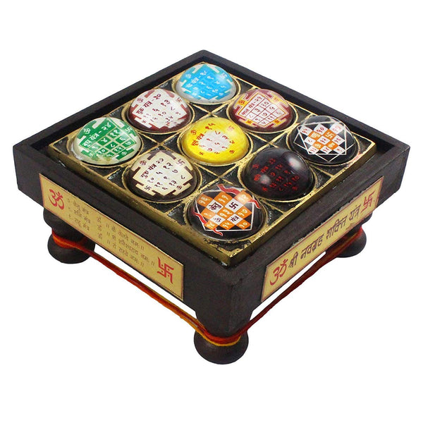 Wooden Navgrah Chowki 3D Glass Yantra (Nine Planet) 8 cm X 8 cm Mandir Setting