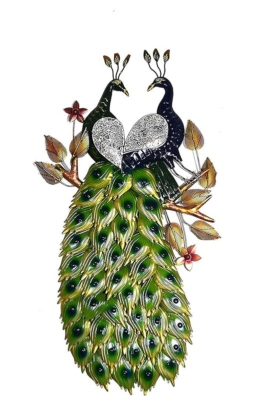 Iron Double Peacock Showpiece Wall Decor With LED Lights (Height: 44 Inches)