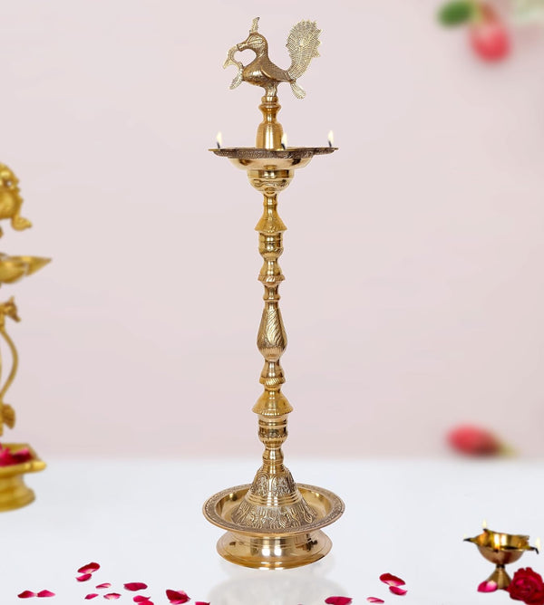 Brass Oil Lamp Diya Stand with Peacock Design - Handcrafted Indian Decor for Home and Pooja (Height 42 Inch) Mandir Setting