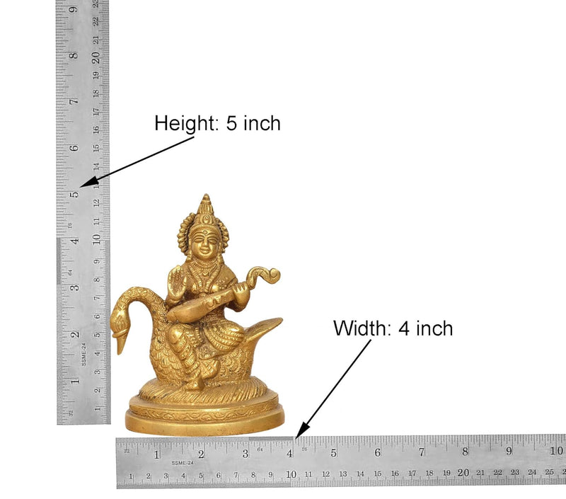 Brass Maa Goddess Saraswati Seated on Hans Idol (Height 5 Inch)