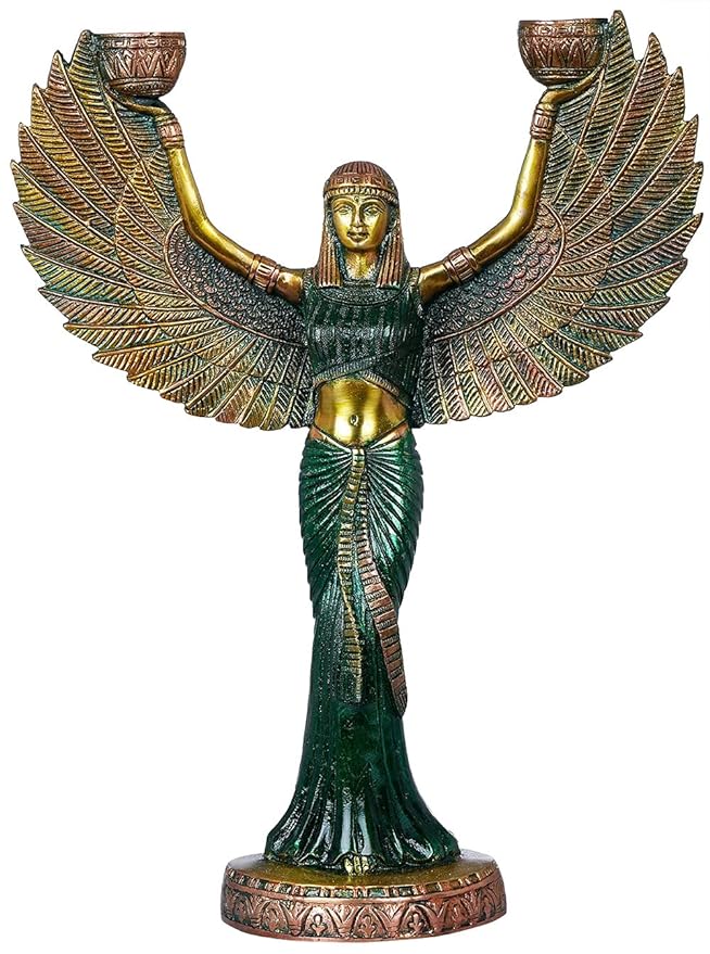 Brass Egyptian Goddess ISIS with candle holder (Height: 12inches) Green