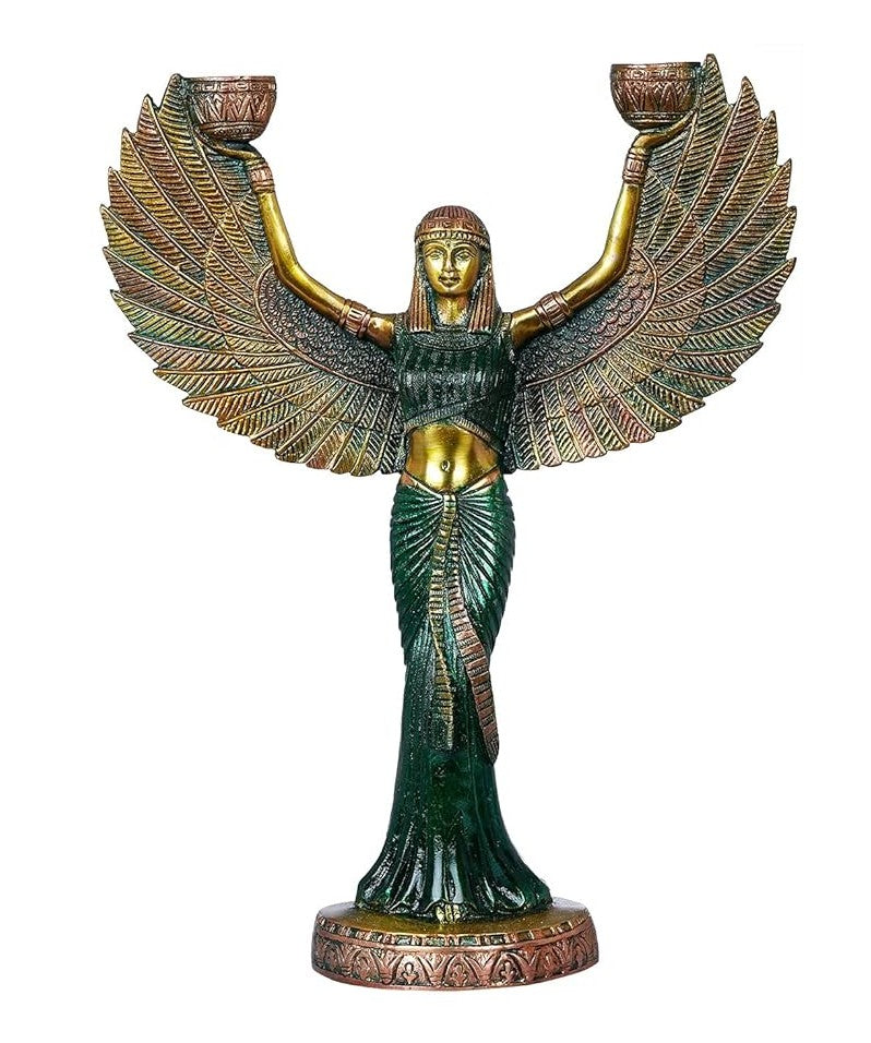 Brass Egyptian Goddess ISIS with candle holder (Height: 12inches) Green