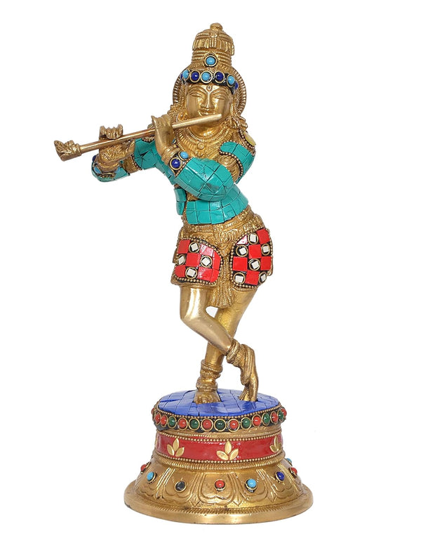 Brass Krishna Playing Flute Idol Statue Sculpture for Home Mandir Pooja Decor Temple Gift (Height 11.5 inch) Entryway Setting