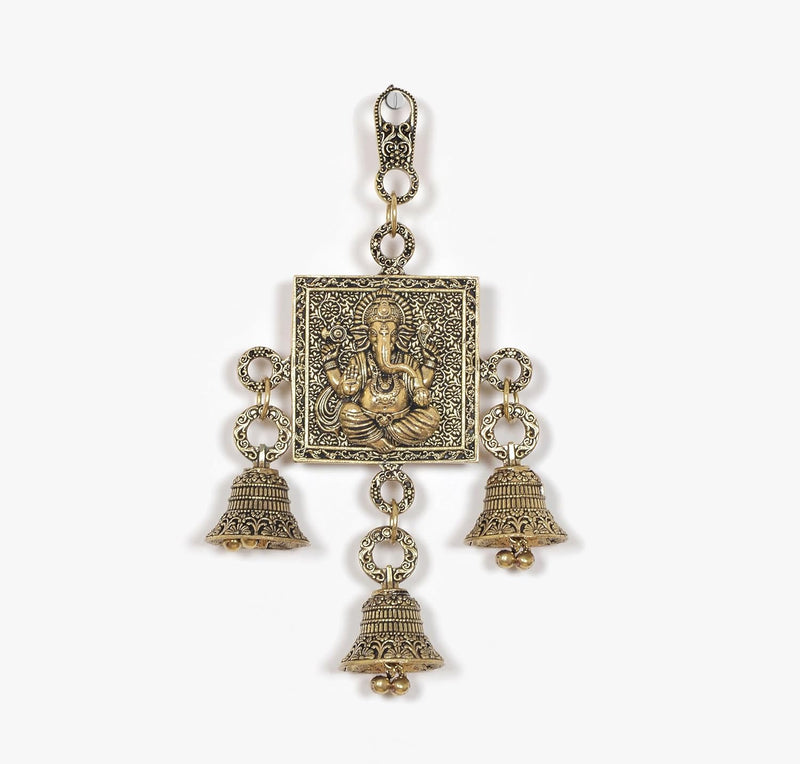 Bronze Ganesha Wall Hanging with Bells (Height: 6.5 Inch)