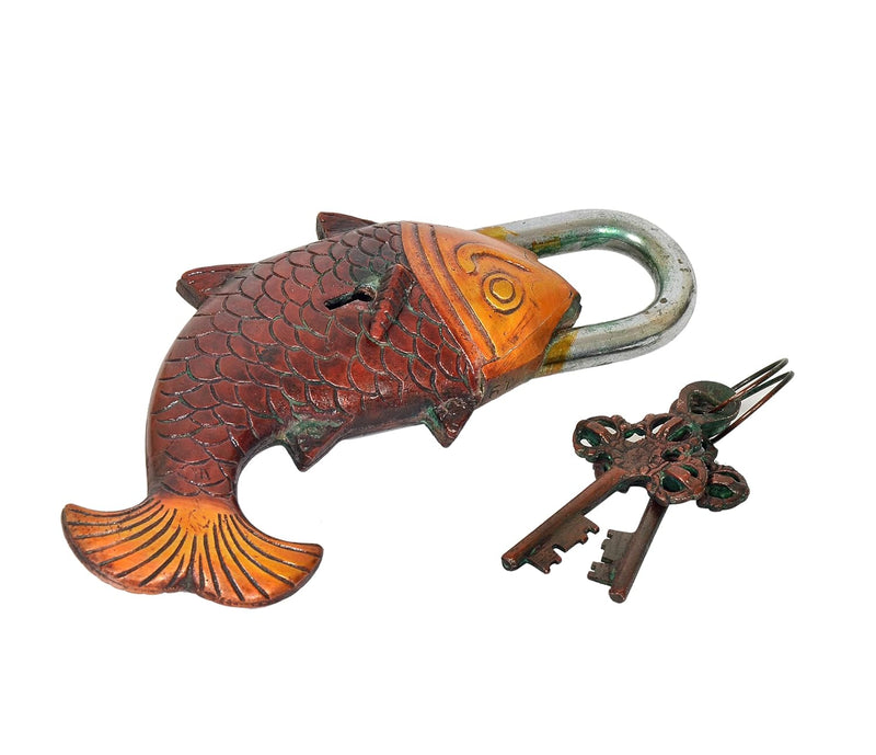 Brass Fish Lock - Antique Padlock with Key Showpiece (Height 7 Inch)