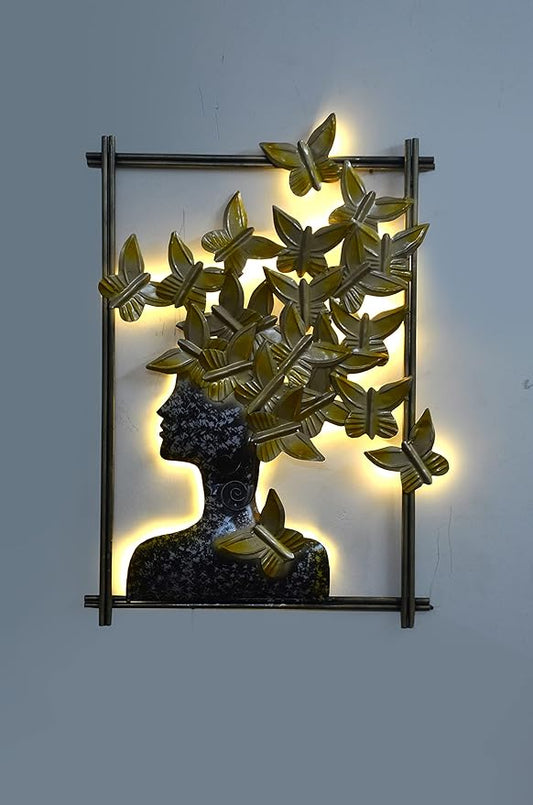 Iron Abstract Woman with Butterfly Hair Frame Wall Decor (Height: 29 Inches)