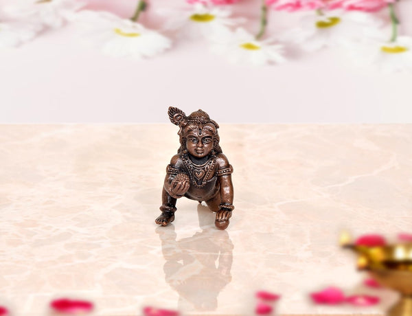 Copper Lord Bal Gopal Krishna Laddu Gopal Idol Statue | Pooja Home Decor Mandir | (Height 2 Inch) Study Setting