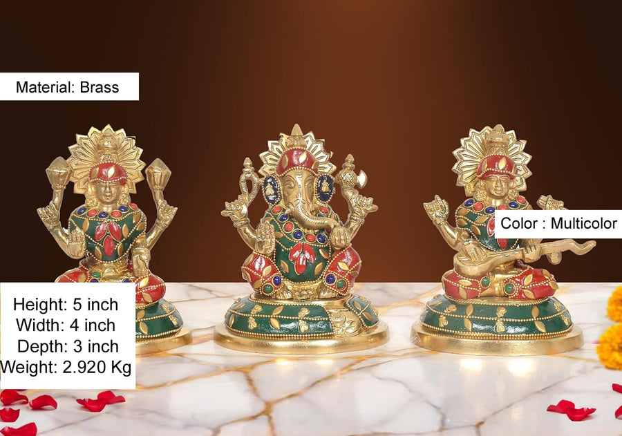 Brass Lakshmi Ganesh Saraswati Idol (Height: 5 Inch) (Multicolor 1) Craft Detail