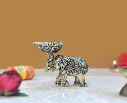 Superfine Brass Elephant Oil Lamp Diya for Home Pooja Antique Items Gift Items Deepam Diwali Home and Office Decor (Height: 2.5 Inch)