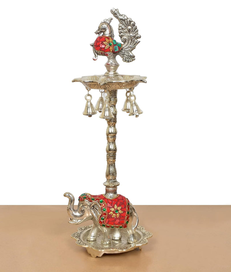 Metal Silver Peacock Oil Lamp Diya Stand (Height: 19 Inch)