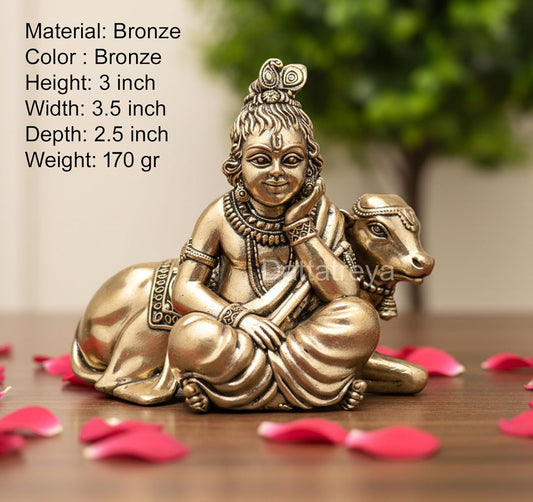 Superfine Brass Lord Bal Gopal with Cow Idol (Height: 3 Inch)