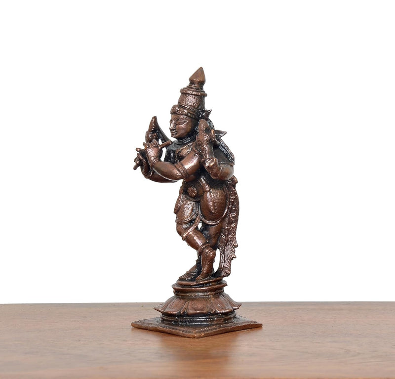 Copper Lord Krishna Playing Flute Statue (Height 4.5 Inch)