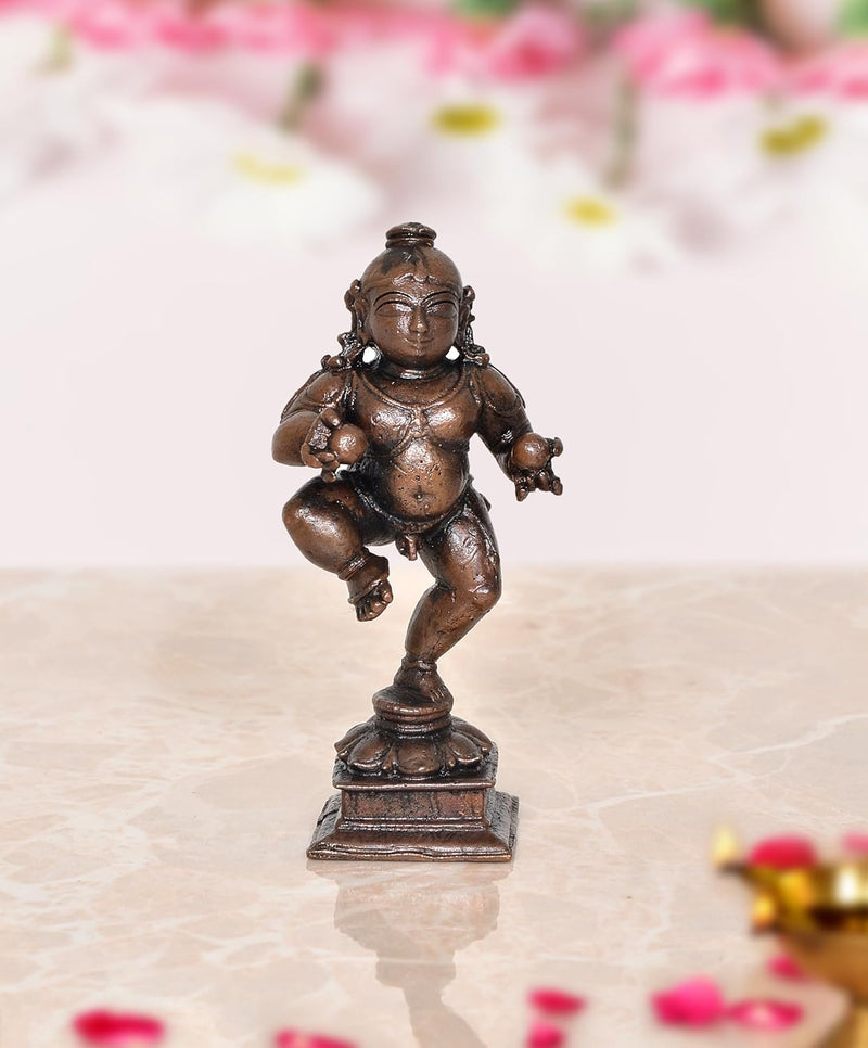 AONA Pure Copper Dancing Bal Krishna with Laddu Statue