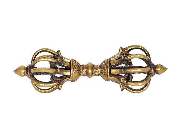 Tibetan Buddhist Nine Pronged Small Dorje in Brass Handmade, Length : 16 cm Study Setting