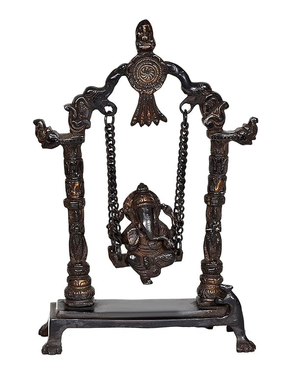Ganesha Playing On Swing Brass Statue Idol, (Height 9 Inch) Entryway Setting