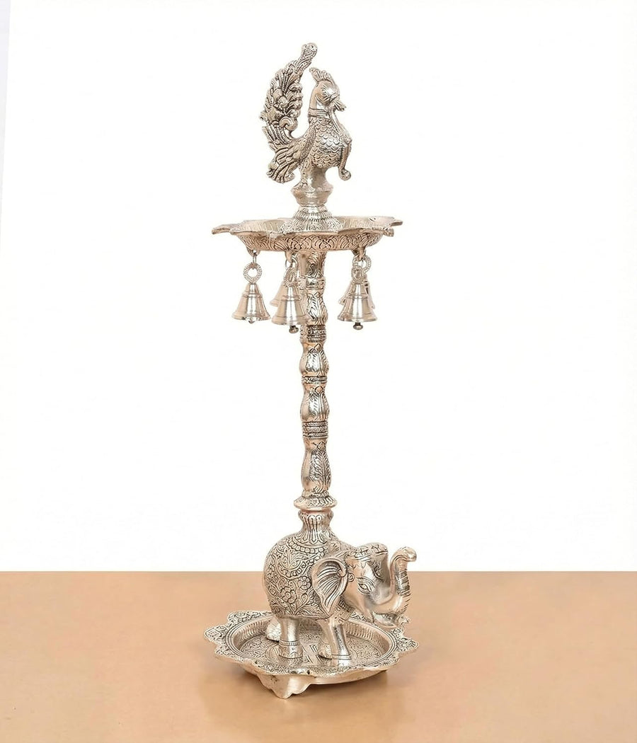 Metal Silver Peacock Oil Lamp Diya Stand for Home Pooja Antique Items Gift Items Deepam Diwali Home and Office Decor (Height:20 Inches) Craft Detail