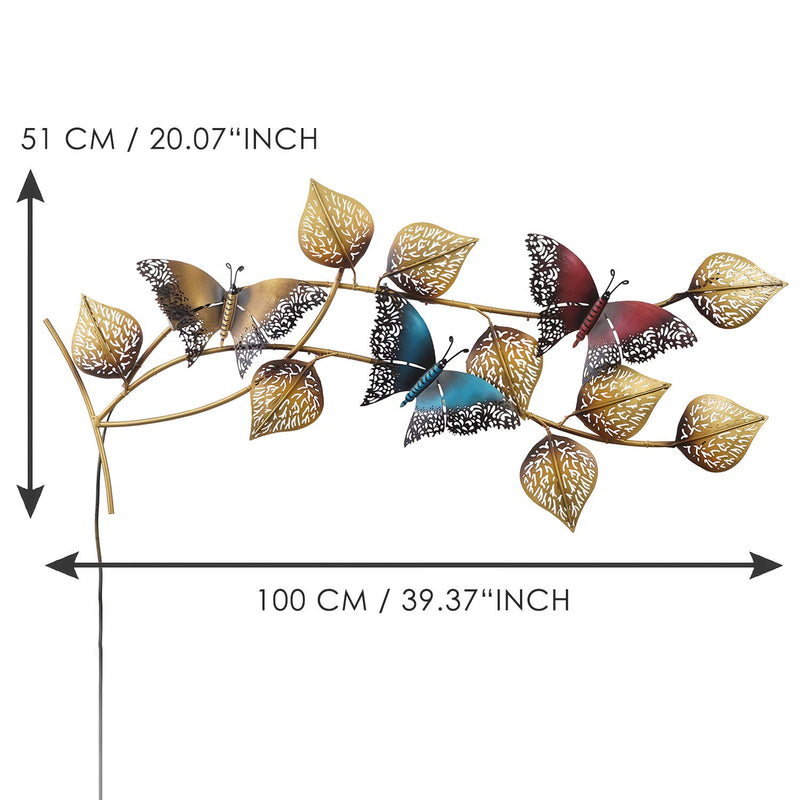 Iron Leaves and Butterfly Design Handcrafted Wall Hanging with LED Light (Height: 20)
