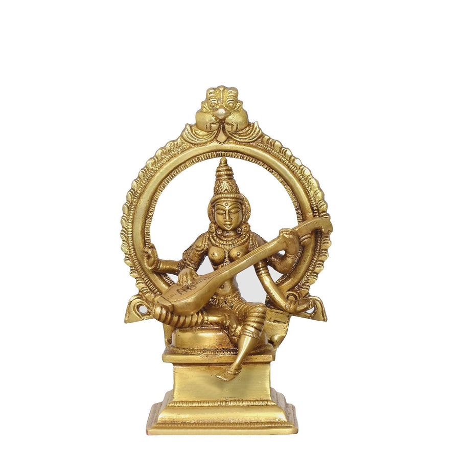 Brass Maa Saraswati Statue Handcrafted Hindu Goddess Saraswati Idol for Home Decor and Pooja Statue (Height 6 Inch) Craft Detail