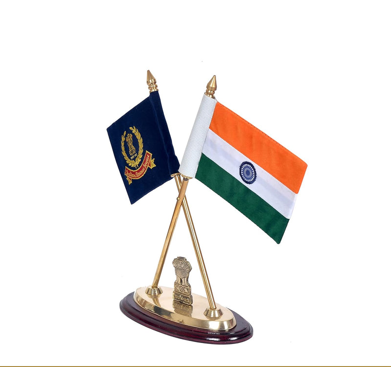 Brass Indian National Flag And Indian Revenue Service Flag With Ashoka Stambh (Height: 12 Inches)
