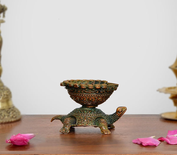 Superfine Brass Tortoise with Oil Lamp Diya Statue (Height: 3 CM) Mandir Setting