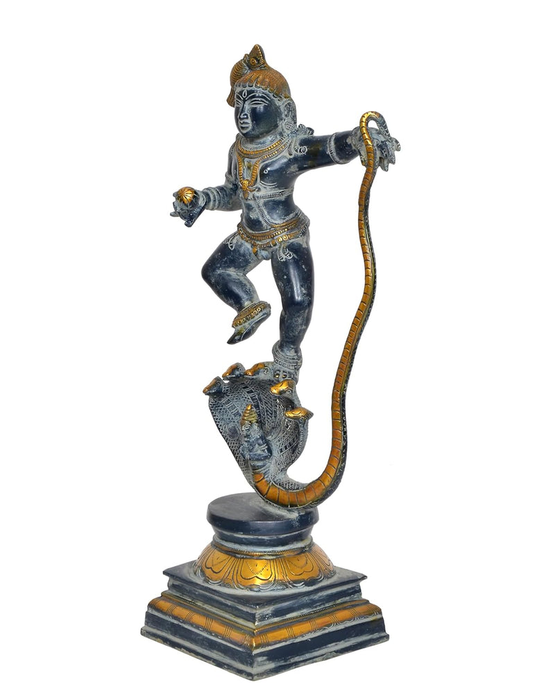 Brass Krishna Bhagwan Murti on Kaliya Naag Statue (Height 18.5 Inch)